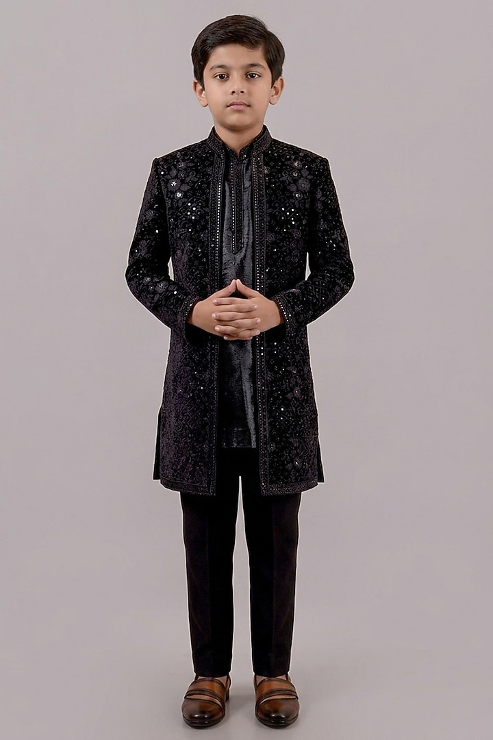 Black Velvet Resham Embroidered Indowestern Set For Boys by STEEL kids at Pernia's Pop Up Shop