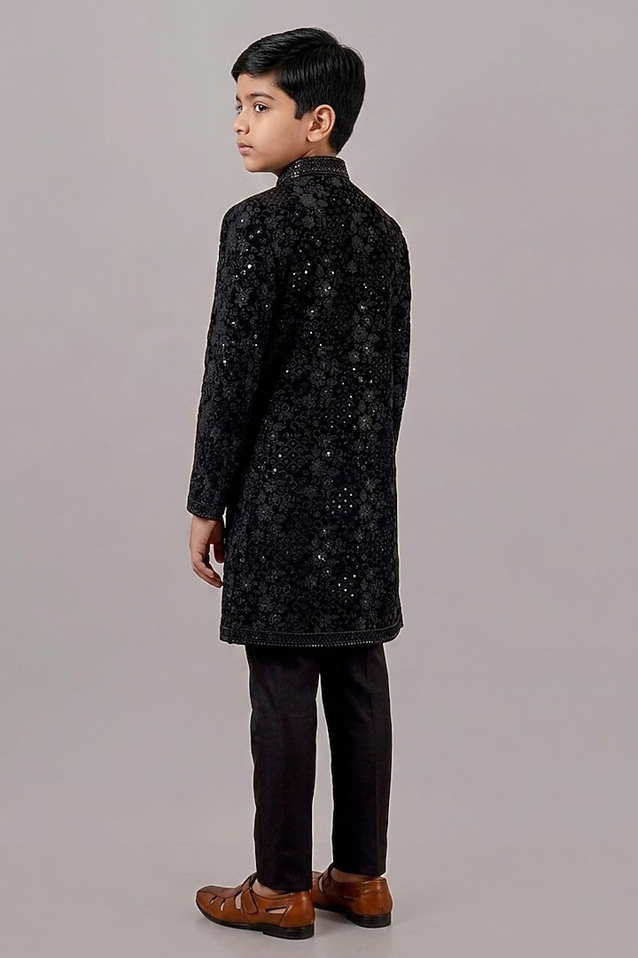 Black Velvet Resham Embroidered Indowestern Set For Boys by STEEL kids at Pernia's Pop Up Shop