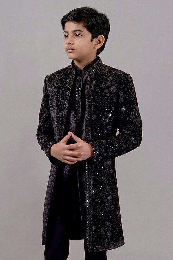 Black Velvet Resham Embroidered Indowestern Set For Boys by STEEL kids at Pernia's Pop Up Shop
