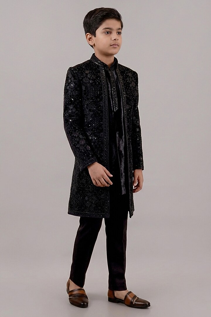Black Velvet Resham Embroidered Indowestern Set For Boys by STEEL kids at Pernia's Pop Up Shop