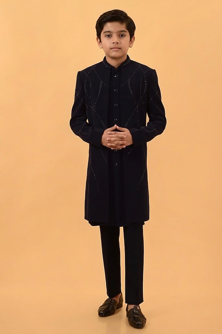 Blue Textured Suiting Hand Embroidered Indowestern Set For Boys by STEEL kids at Pernia's Pop Up Shop