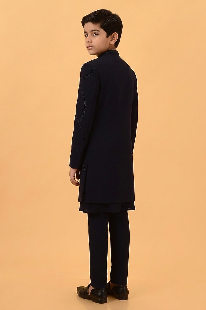 Blue Textured Suiting Hand Embroidered Indowestern Set For Boys by STEEL kids at Pernia's Pop Up Shop