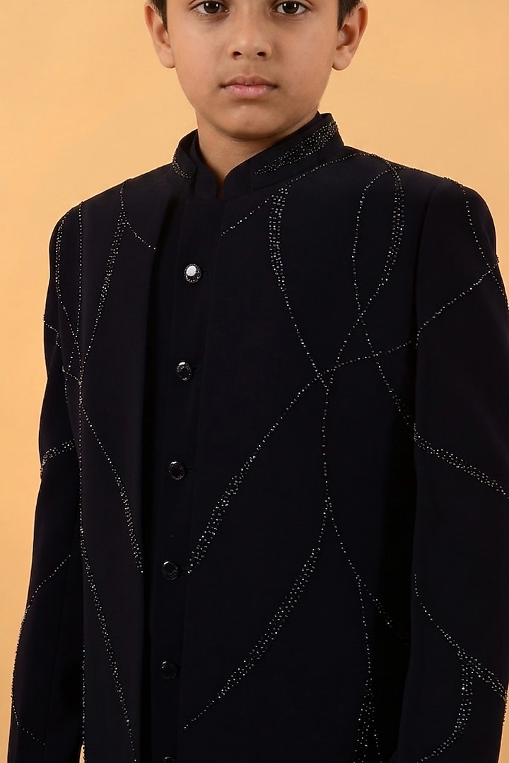 Blue Textured Suiting Hand Embroidered Indowestern Set For Boys by STEEL kids at Pernia's Pop Up Shop