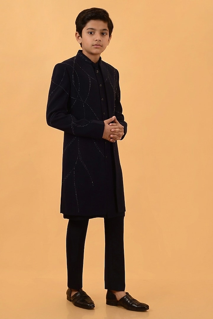 Blue Textured Suiting Hand Embroidered Indowestern Set For Boys by STEEL kids at Pernia's Pop Up Shop