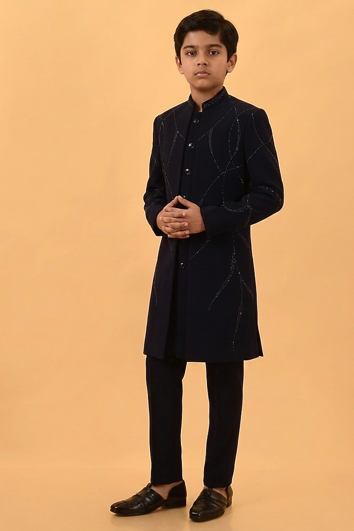 Blue Textured Suiting Hand Embroidered Indowestern Set For Boys by STEEL kids at Pernia's Pop Up Shop