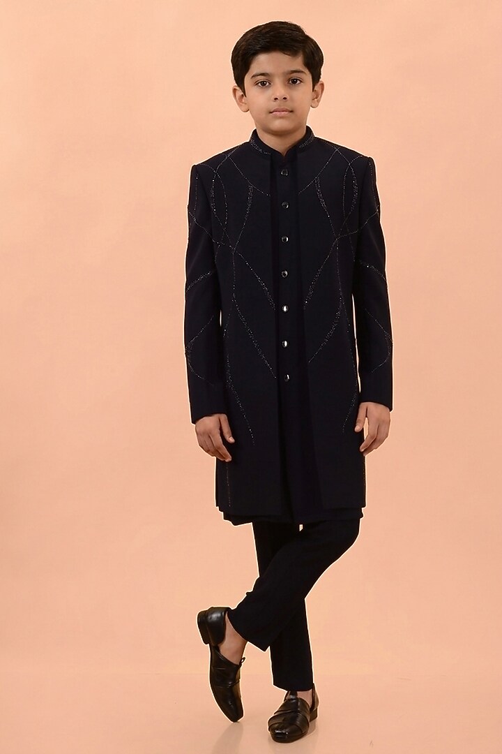 Blue Textured Suiting Hand Embroidered Indowestern Set For Boys by STEEL kids at Pernia's Pop Up Shop