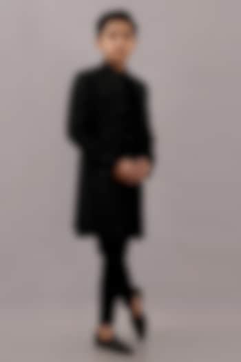 Black Textured Suiting Hand Embroidered Indowestern Set For Boys by STEEL kids at Pernia's Pop Up Shop
