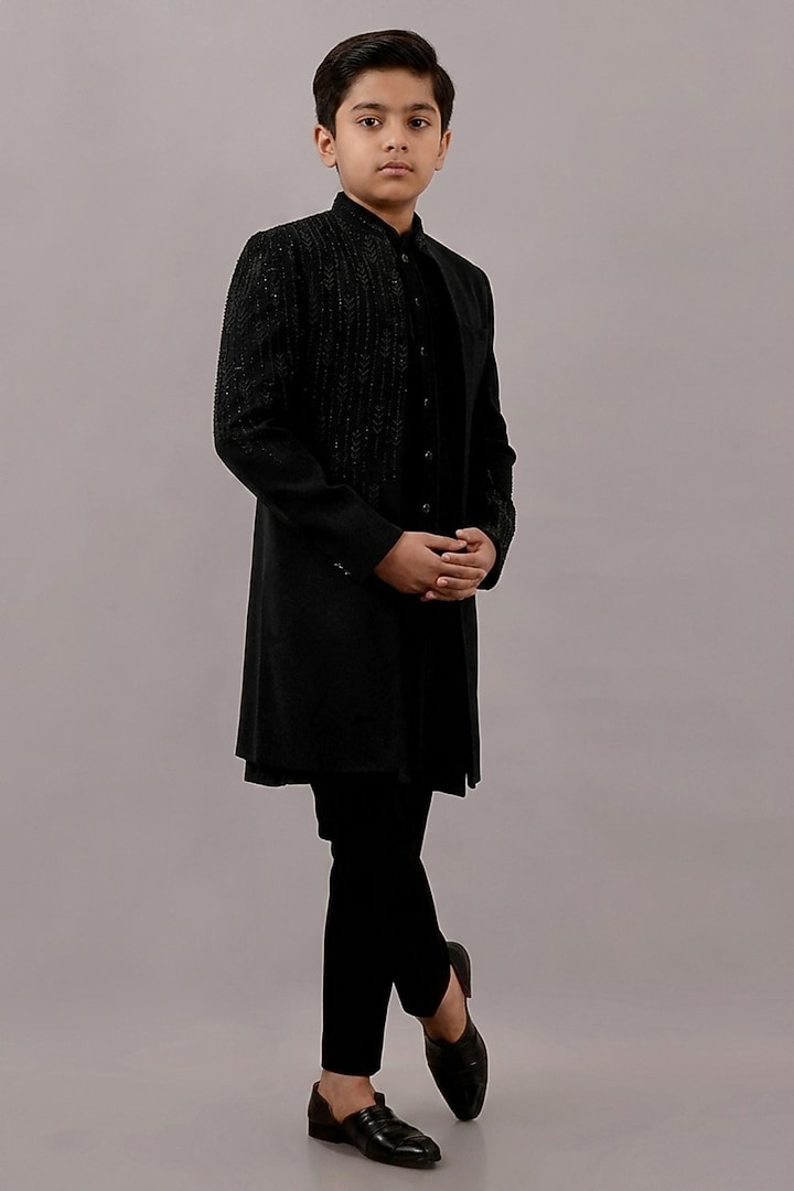 Black Textured Suiting Hand Embroidered Indowestern Set For Boys by STEEL kids at Pernia's Pop Up Shop