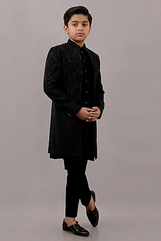 Black Textured Suiting Hand Embroidered Indowestern Set For Boys by STEEL kids