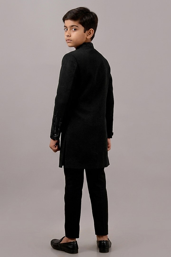 Black Textured Suiting Hand Embroidered Indowestern Set For Boys by STEEL kids at Pernia's Pop Up Shop