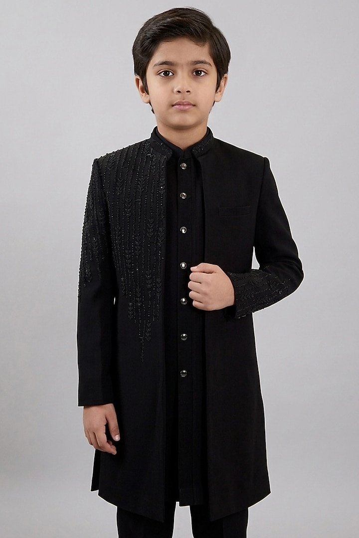 Black Textured Suiting Hand Embroidered Indowestern Set For Boys by STEEL kids at Pernia's Pop Up Shop