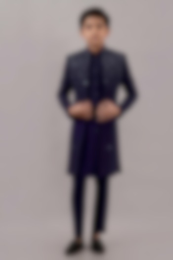 Navy Blue Textured Suiting Hand Embroidered Indowestern Set For Boys by STEEL kids at Pernia's Pop Up Shop