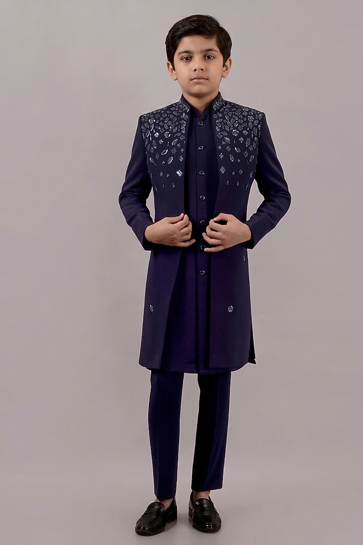 Navy Blue Textured Suiting Hand Embroidered Indowestern Set For Boys by STEEL kids at Pernia's Pop Up Shop