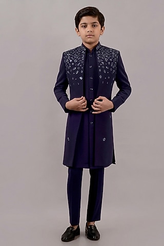 Navy Blue Textured Suiting Hand Embroidered Indowestern Set For Boys by STEEL kids
