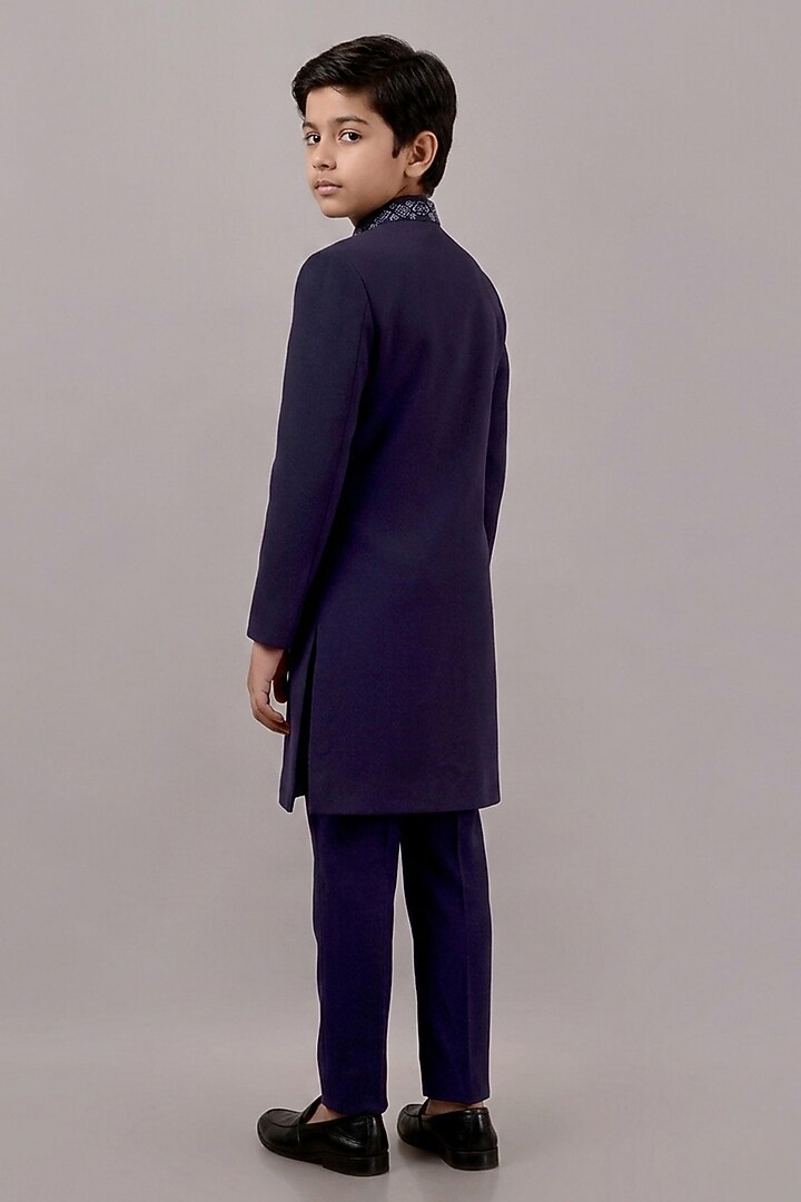 Navy Blue Textured Suiting Hand Embroidered Indowestern Set For Boys by STEEL kids at Pernia's Pop Up Shop