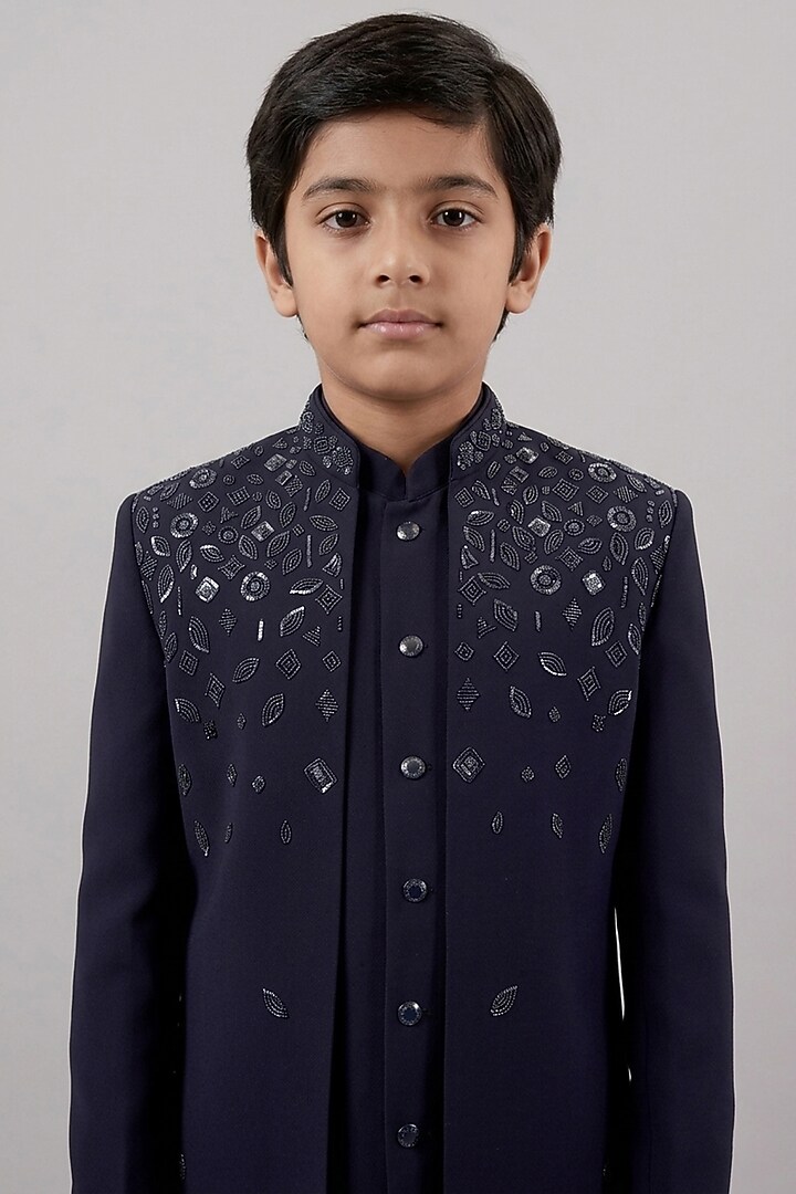 Navy Blue Textured Suiting Hand Embroidered Indowestern Set For Boys by STEEL kids at Pernia's Pop Up Shop