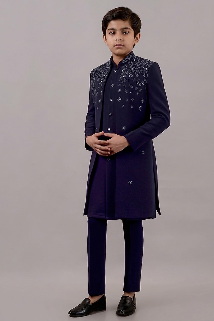 Navy Blue Textured Suiting Hand Embroidered Indowestern Set For Boys by STEEL kids at Pernia's Pop Up Shop