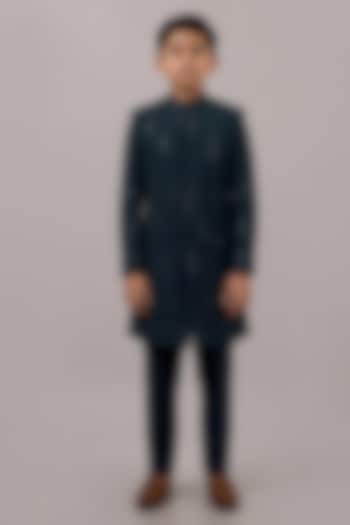 Dark Green Textured Suiting Hand Embroidered Indowestern Set For Boys by STEEL kids at Pernia's Pop Up Shop