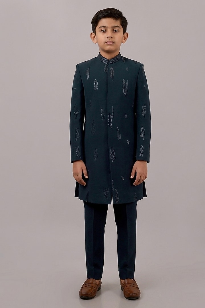 Dark Green Textured Suiting Hand Embroidered Indowestern Set For Boys by STEEL kids at Pernia's Pop Up Shop