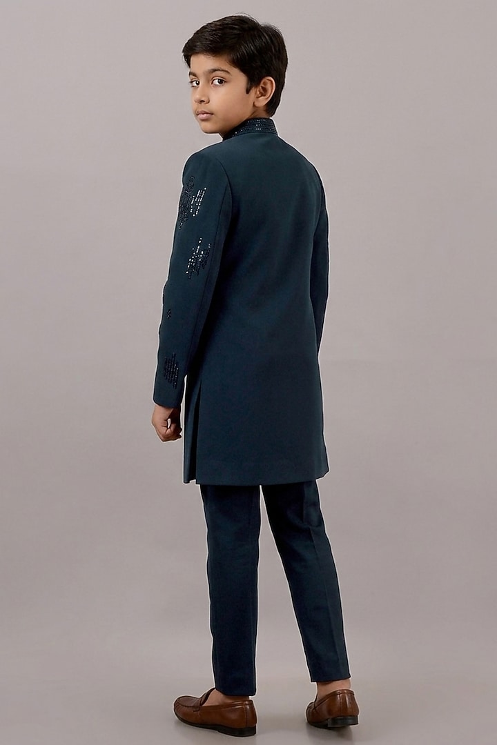 Dark Green Textured Suiting Hand Embroidered Indowestern Set For Boys by STEEL kids at Pernia's Pop Up Shop