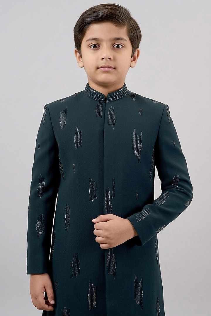 Dark Green Textured Suiting Hand Embroidered Indowestern Set For Boys by STEEL kids at Pernia's Pop Up Shop