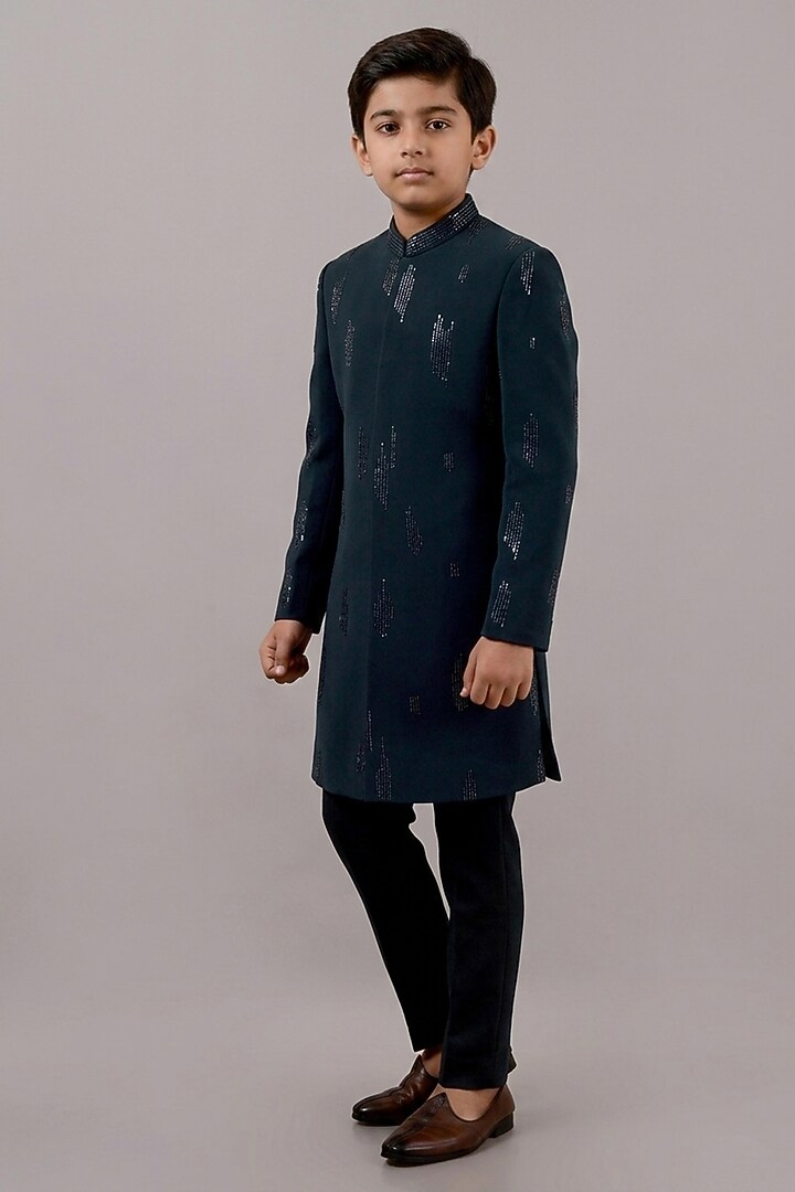 Dark Green Textured Suiting Hand Embroidered Indowestern Set For Boys by STEEL kids at Pernia's Pop Up Shop
