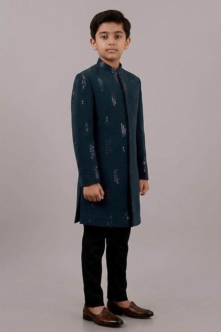 Dark Green Textured Suiting Hand Embroidered Indowestern Set For Boys by STEEL kids at Pernia's Pop Up Shop