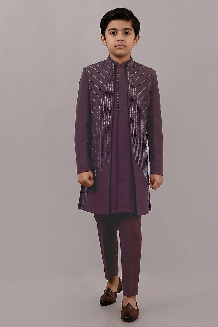 Wine Textured Suiting Hand Embroidered Indowestern Set For Boys by STEEL kids at Pernia's Pop Up Shop