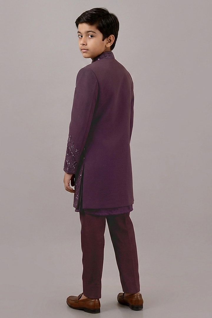 Wine Textured Suiting Hand Embroidered Indowestern Set For Boys by STEEL kids at Pernia's Pop Up Shop