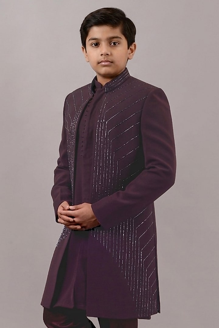 Wine Textured Suiting Hand Embroidered Indowestern Set For Boys by STEEL kids at Pernia's Pop Up Shop