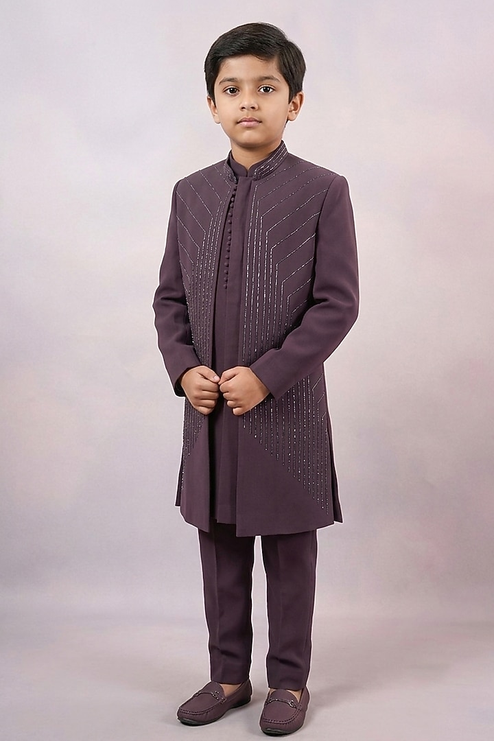 Wine Textured Suiting Hand Embroidered Indowestern Set For Boys by STEEL kids at Pernia's Pop Up Shop