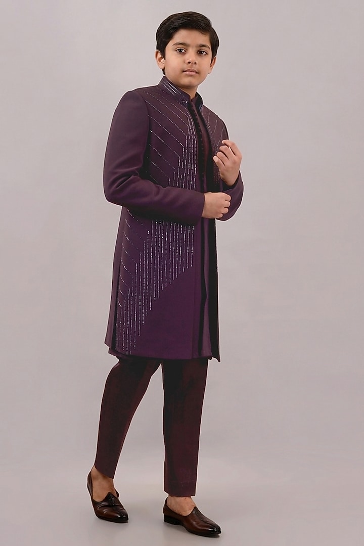 Wine Textured Suiting Hand Embroidered Indowestern Set For Boys by STEEL kids at Pernia's Pop Up Shop