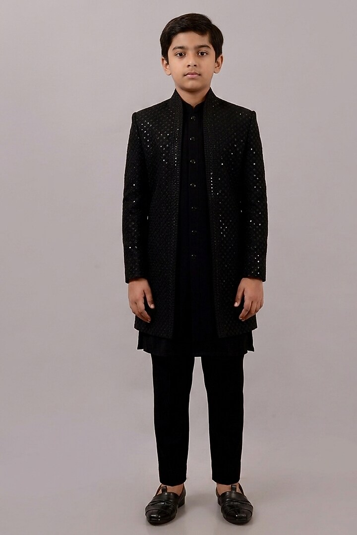 Black Textured Suiting Resham Embroidered Indowestern Set For Boys by STEEL kids at Pernia's Pop Up Shop