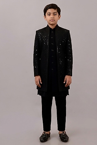 Black Textured Suiting Resham Embroidered Indowestern Set For Boys by STEEL kids