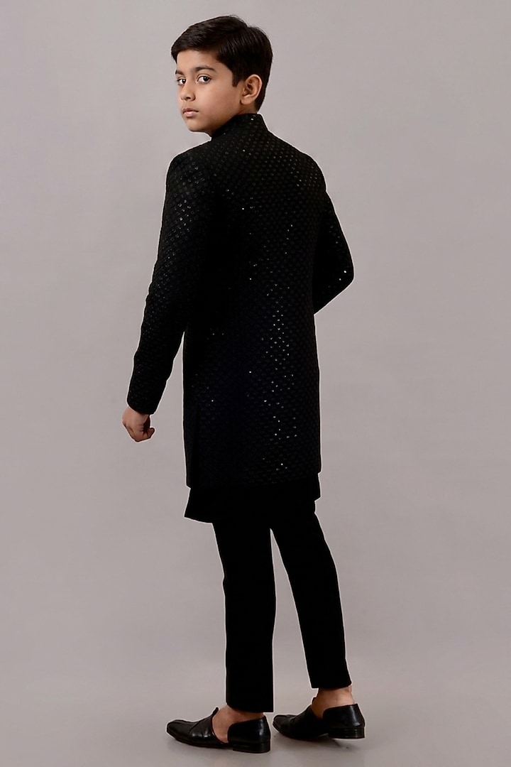 Black Textured Suiting Resham Embroidered Indowestern Set For Boys by STEEL kids at Pernia's Pop Up Shop