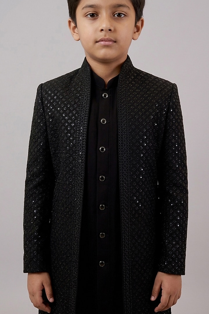 Black Textured Suiting Resham Embroidered Indowestern Set For Boys by STEEL kids at Pernia's Pop Up Shop