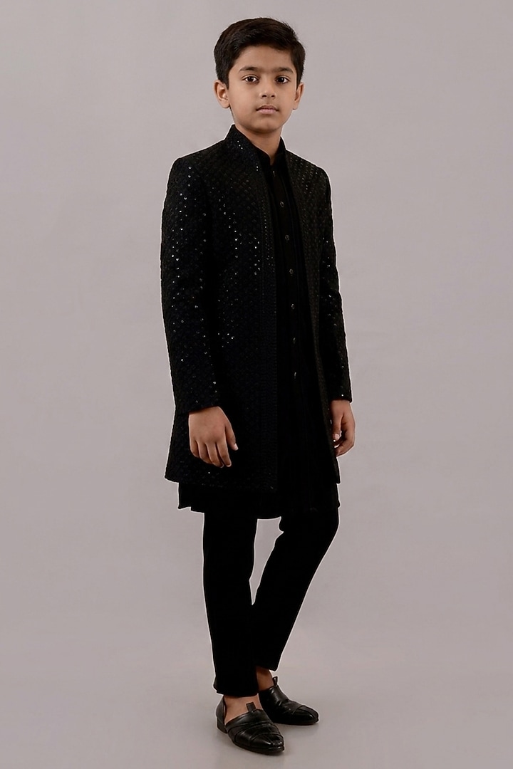 Black Textured Suiting Resham Embroidered Indowestern Set For Boys by STEEL kids at Pernia's Pop Up Shop