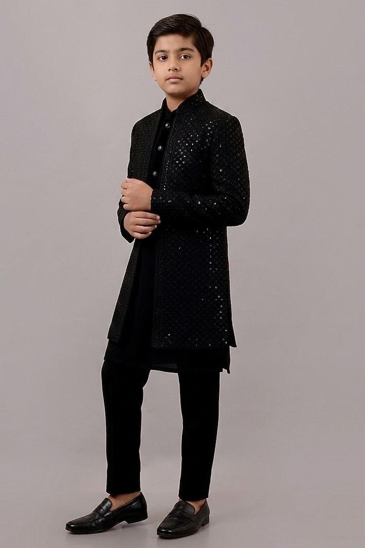 Black Textured Suiting Resham Embroidered Indowestern Set For Boys by STEEL kids at Pernia's Pop Up Shop