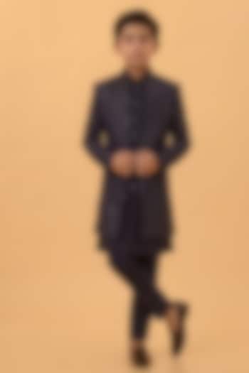 Navy Blue Textured Suiting Resham Embroidered Indowestern Set For Boys by STEEL kids at Pernia's Pop Up Shop
