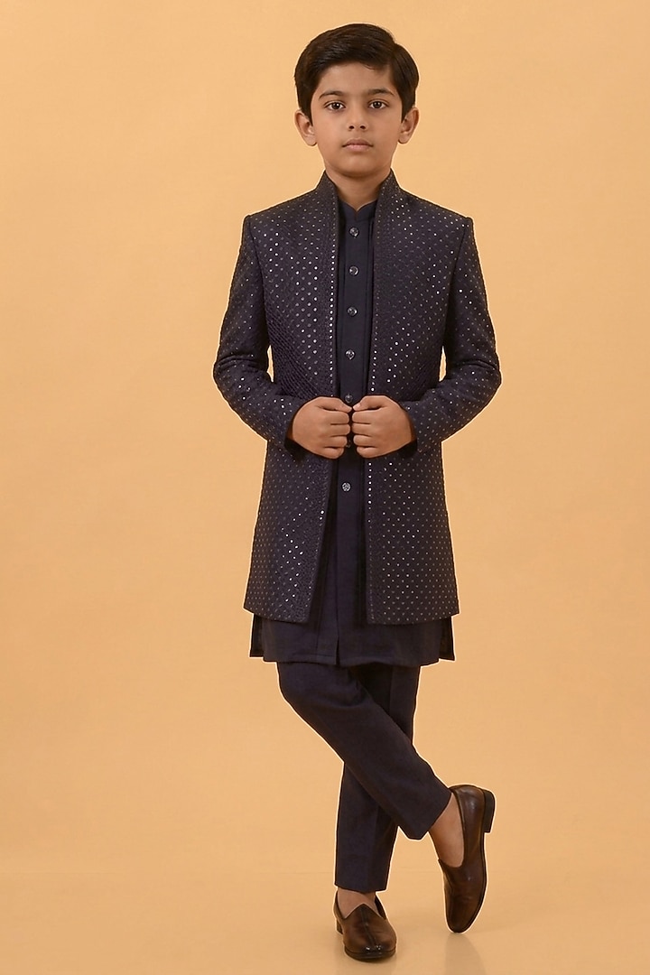 Navy Blue Textured Suiting Resham Embroidered Indowestern Set For Boys by STEEL kids at Pernia's Pop Up Shop