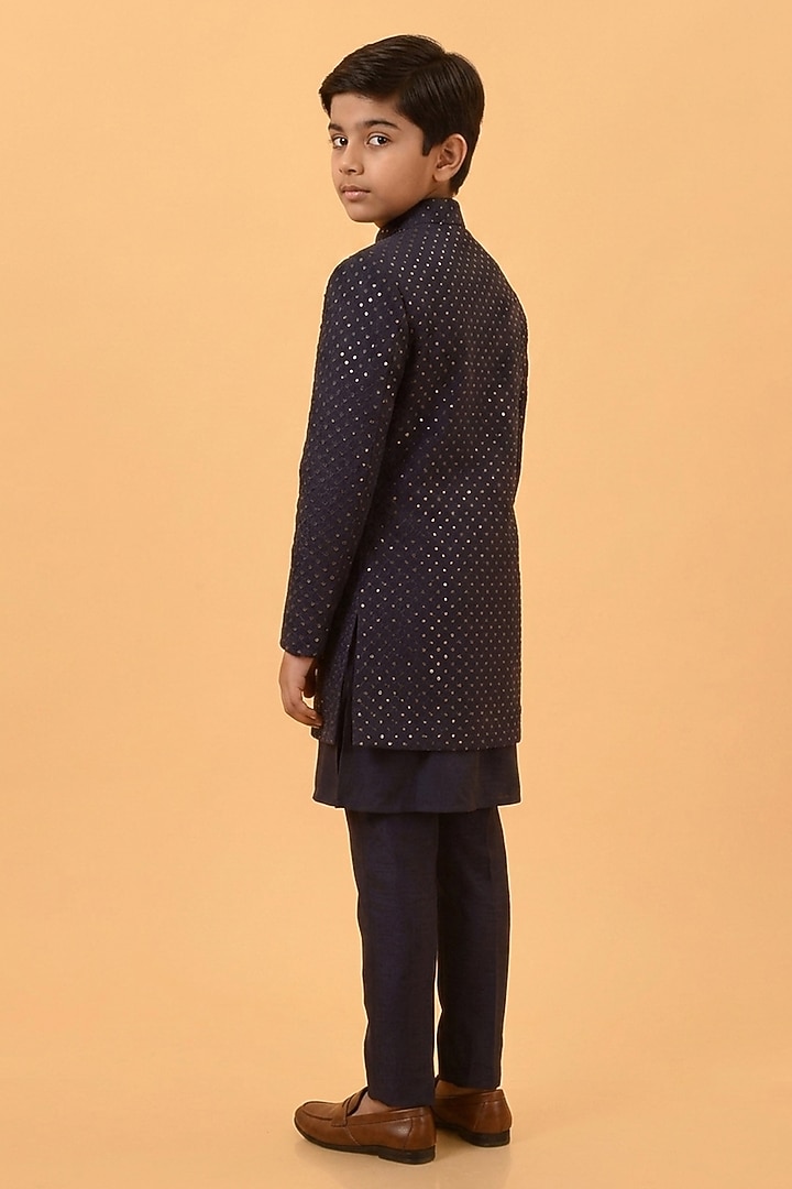 Navy Blue Textured Suiting Resham Embroidered Indowestern Set For Boys by STEEL kids at Pernia's Pop Up Shop