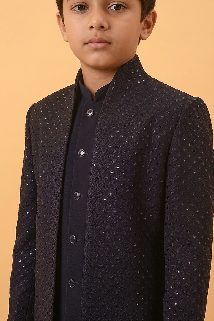 Navy Blue Textured Suiting Resham Embroidered Indowestern Set For Boys by STEEL kids at Pernia's Pop Up Shop