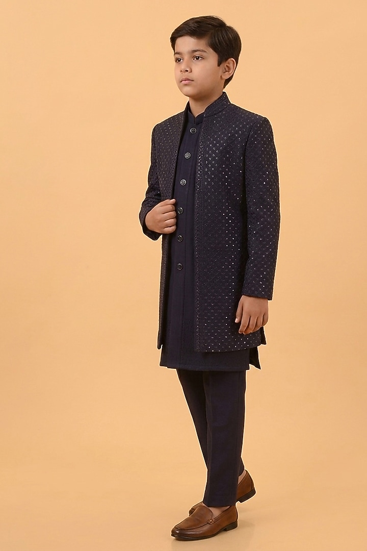 Navy Blue Textured Suiting Resham Embroidered Indowestern Set For Boys by STEEL kids at Pernia's Pop Up Shop