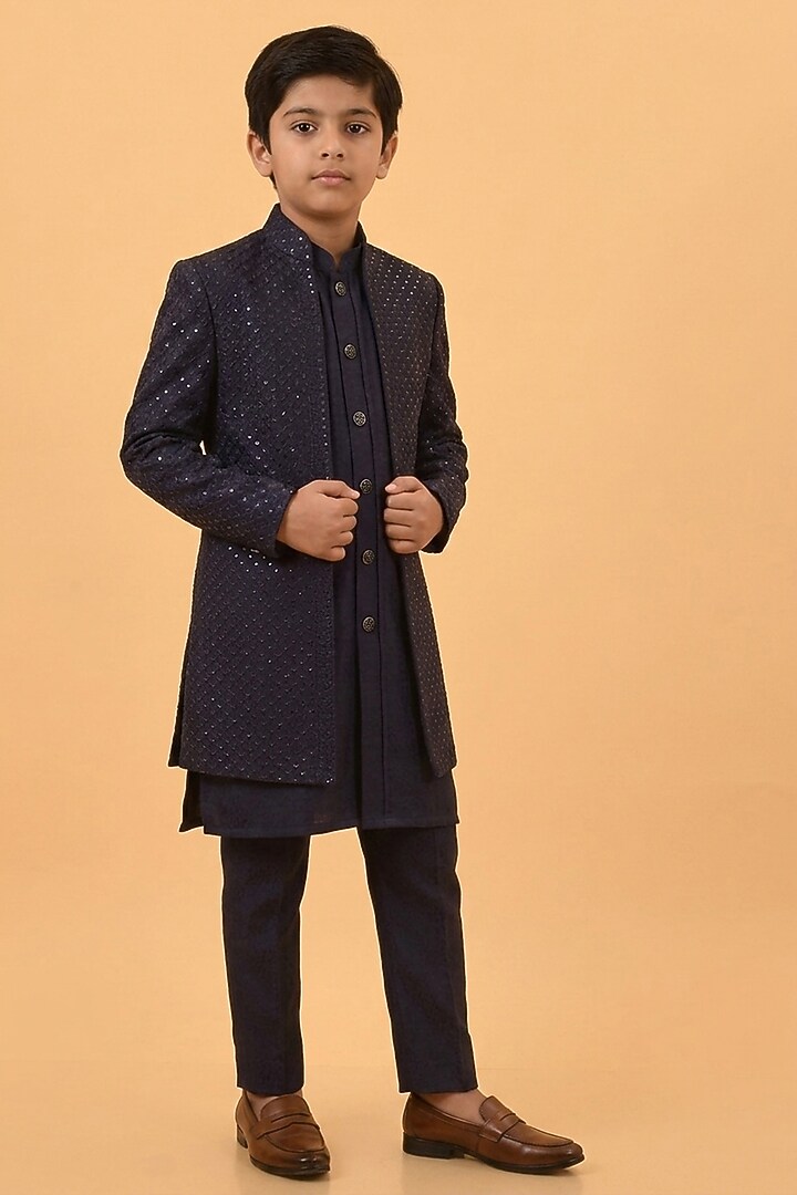 Navy Blue Textured Suiting Resham Embroidered Indowestern Set For Boys by STEEL kids at Pernia's Pop Up Shop