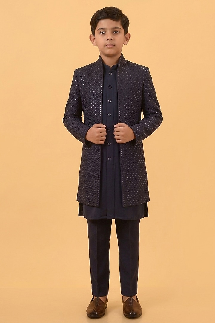 Navy Blue Textured Suiting Resham Embroidered Indowestern Set For Boys by STEEL kids at Pernia's Pop Up Shop
