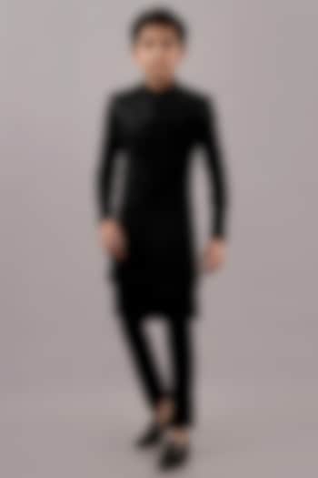 Black Textured Suiting Hand Embroidered Indowestern Set For Boys by STEEL kids at Pernia's Pop Up Shop