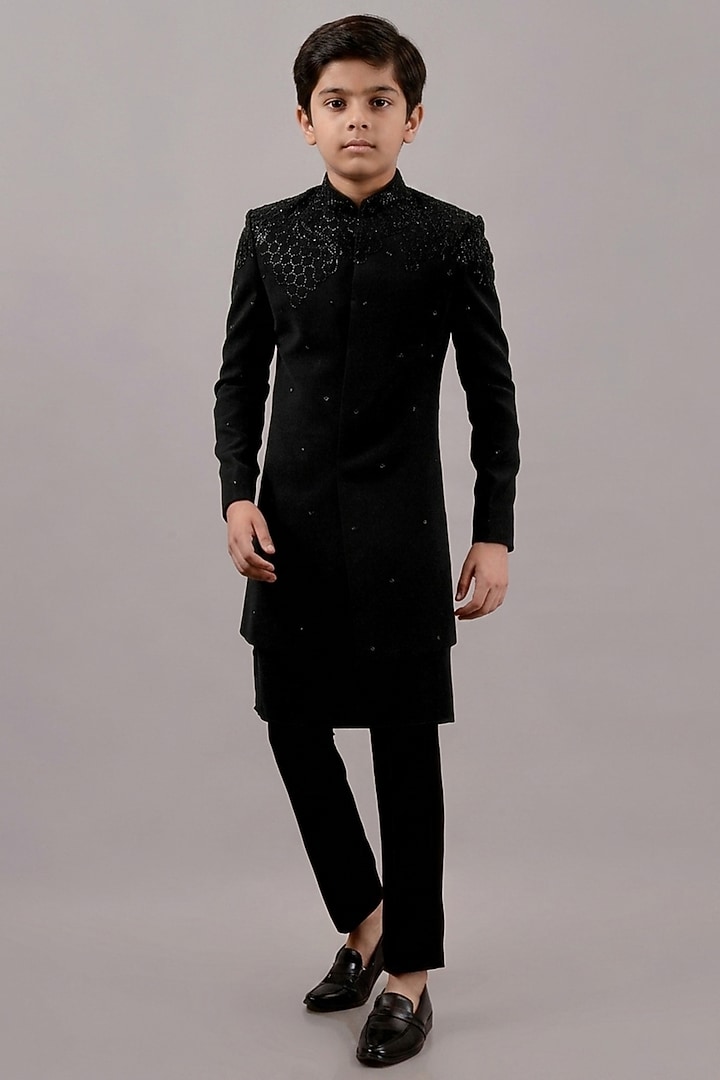 Black Textured Suiting Hand Embroidered Indowestern Set For Boys by STEEL kids at Pernia's Pop Up Shop
