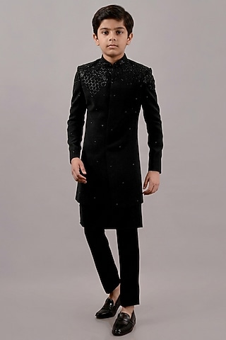 Black Textured Suiting Hand Embroidered Indowestern Set For Boys by STEEL kids
