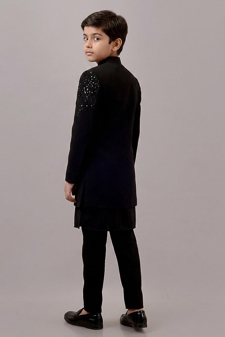 Black Textured Suiting Hand Embroidered Indowestern Set For Boys by STEEL kids at Pernia's Pop Up Shop