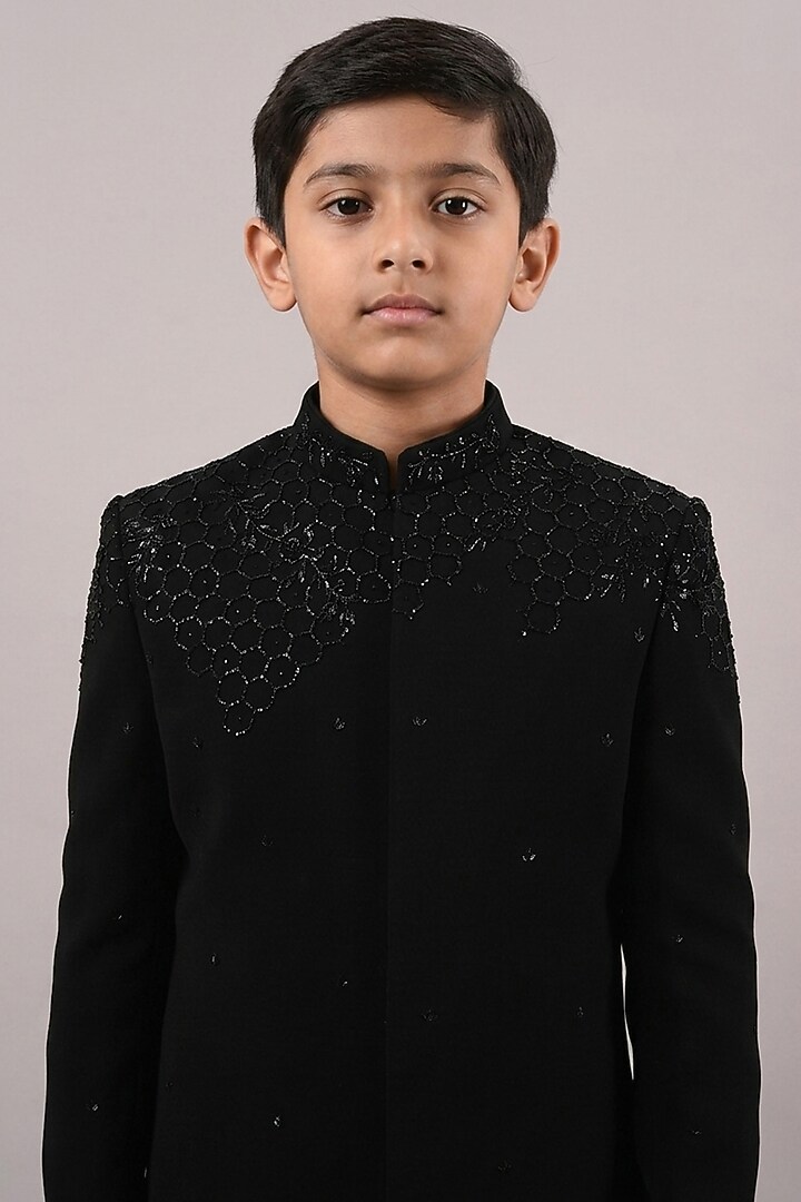 Black Textured Suiting Hand Embroidered Indowestern Set For Boys by STEEL kids at Pernia's Pop Up Shop